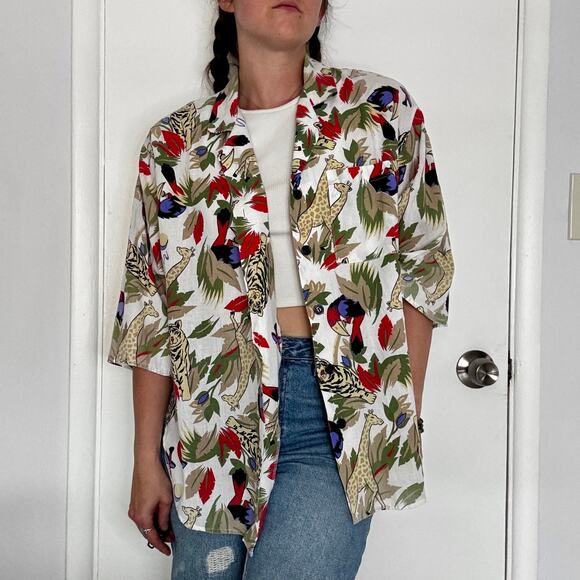 Rhapsody Safari Jungle Print Button Up Cotton Blouse Vintage 1990s Size Large - Picture 4 of 12